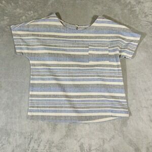 Linen Lux Top‎ Womens Large Blue Stripe Short Sleeve Pocket Boxy Keyhole Boho